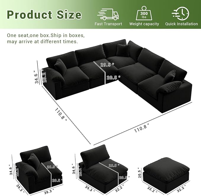 Intuition Decor Cloud Modular Sectional Sofa,211.6" Down Filled Sofa 5 Seat with Chaise,Minimalist Sofa Cover Washable and Replaceable Couches for Living Room,Sectional Sofa Deep Seat Black