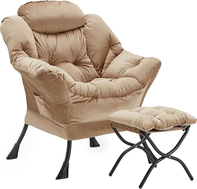 Youtanic Lazy Chair with Folding Ottoman, Accent Chair Velvet Upholstered with Metal Structure and Non-Slip Pads, Sofa Armchair with Footrest and Side Storage Bag for Dorm, Room, Office, Khaki