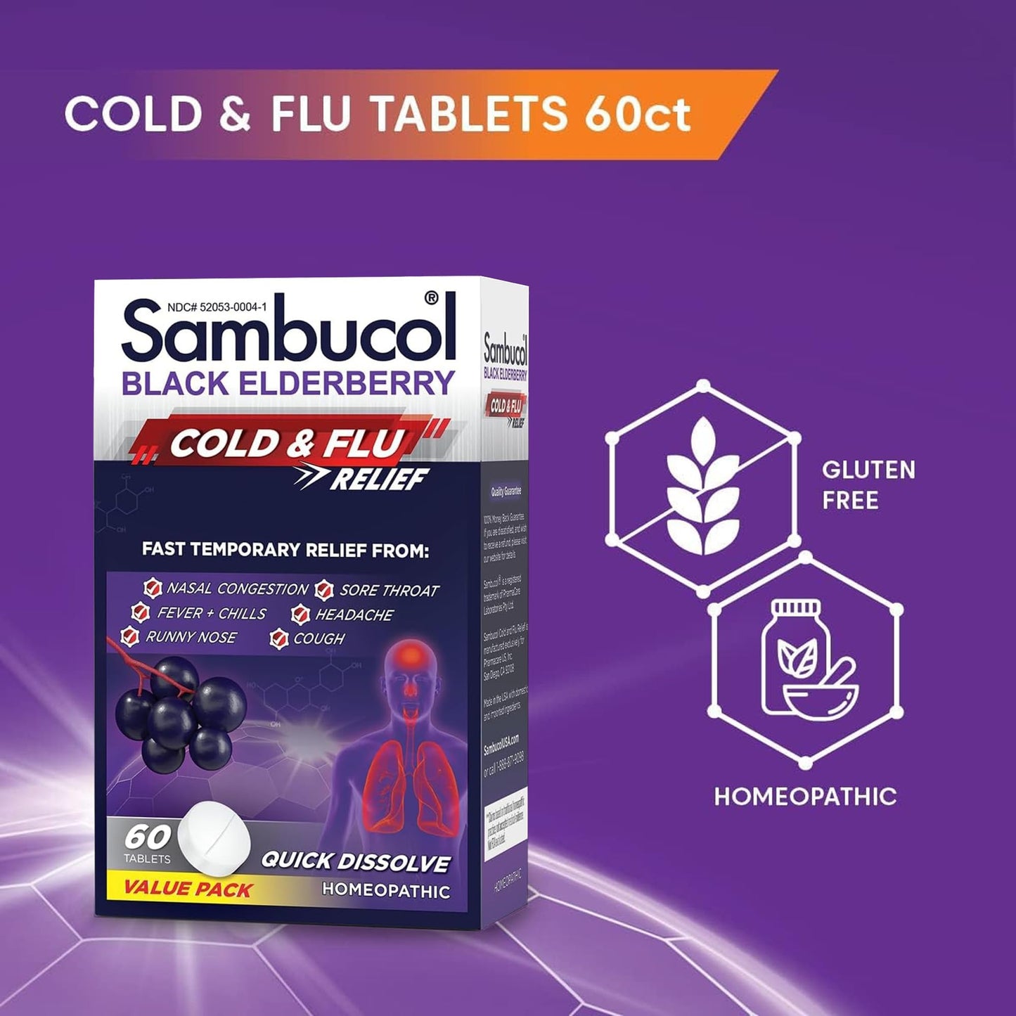 Sambucol Cold and Flu Relief Tablets - Homeopathic Cold Medicine, Cold Remedy for Adults, Black Elderberry for Colds, Zinc Cold Remedy - 60 Count
