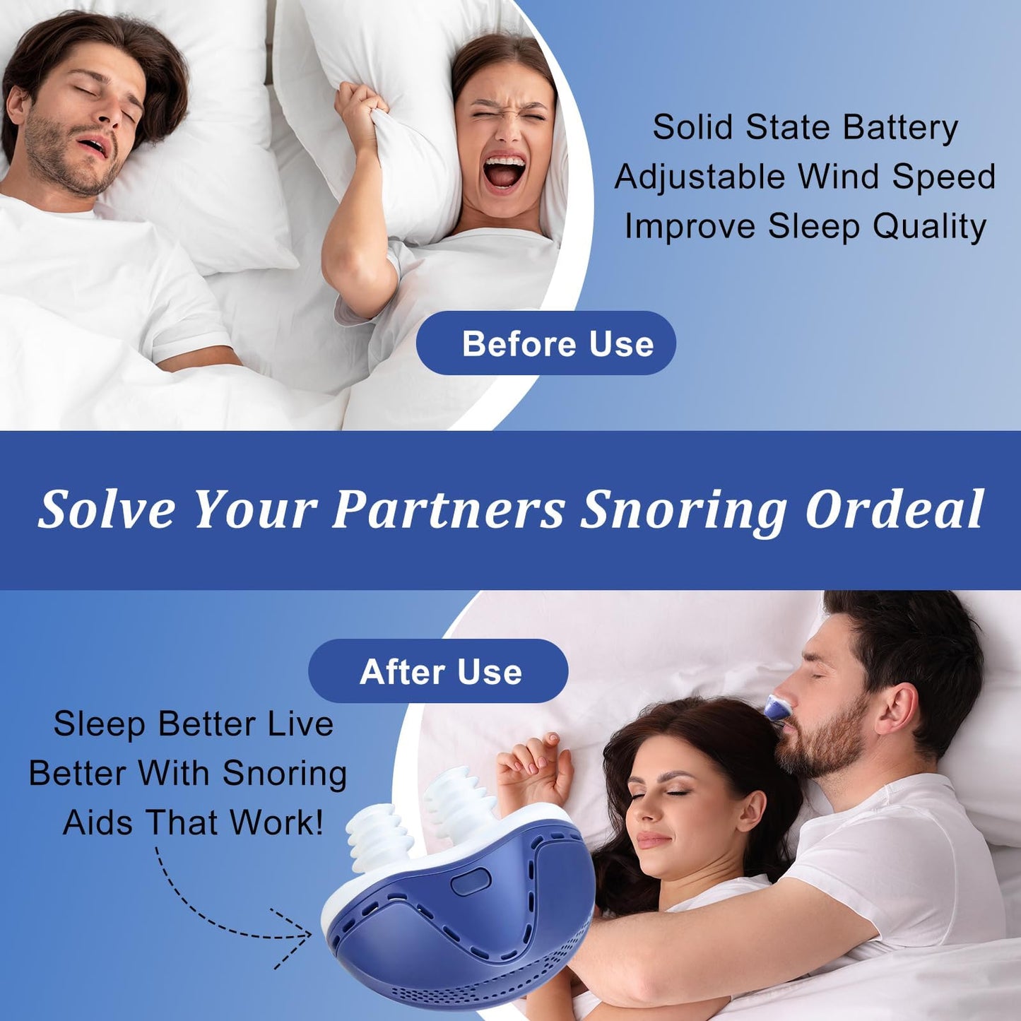 Anti Snoring Devices, Electric Anti Snoring Device, Effective Snoring Prevention, Sleep Apnea Devices for Men and Women, Adjustable Wind Speed, Suitable for All Nose Shapes, Blue AA7
