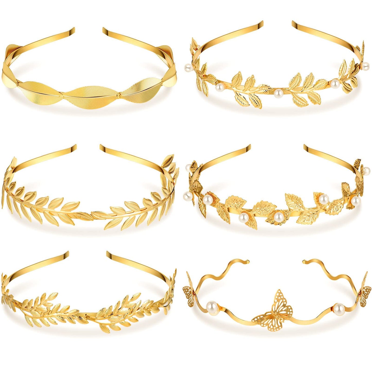 Kacctyen 6 Pcs Gold Leaf Wedding Headbands Set Flower Faux Pearls Headband Golden Bridal Tiara Greek Queen Crown Headpiece Metal