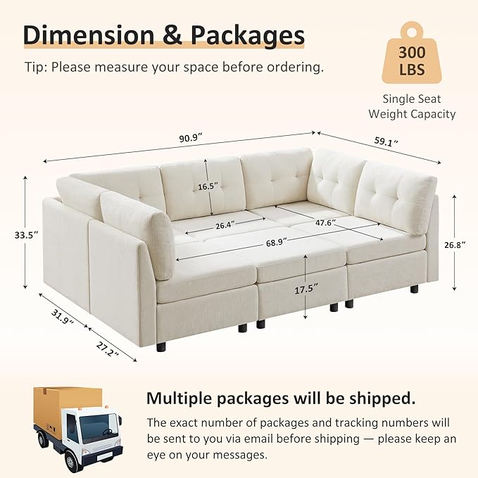 VANOMi 5 Seater Modular Sectional Sofa, Convertible Modular Cloud Sofa Bed with Ottoman, Comfy Chenille Sofas & Couches for Living Room, Apartment, Office, White, Sofa Bed
