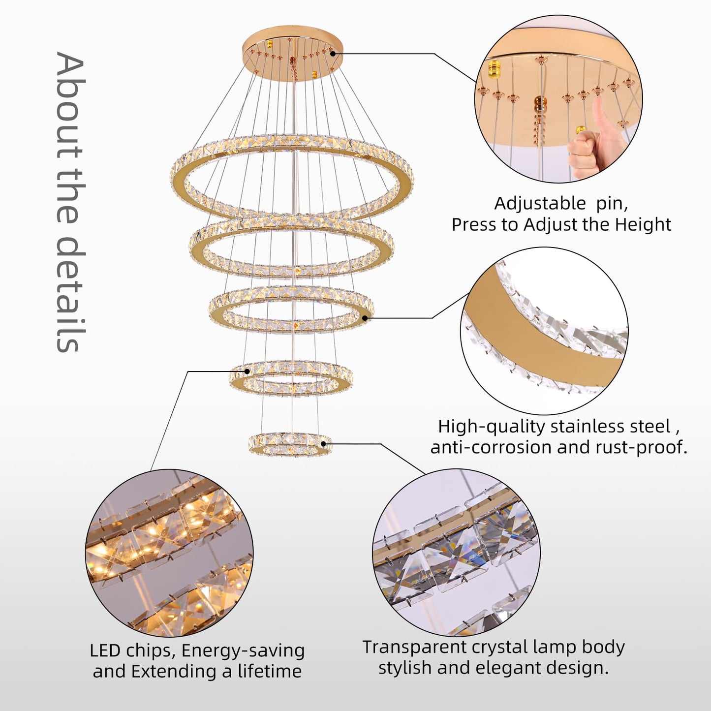 KKMYWAN Modern Crystal Chandelier Dimmable 5 Rings LED Gold Chandelier Linear Chandelier Dining Room Light Fixture with Remote for Entryway, Bedroom,Living Room and Foyer