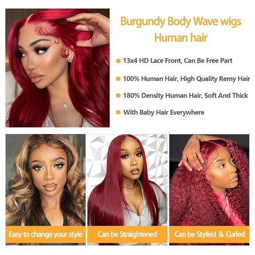 28inch Burgundy Lace Front Wigs Human Hair 99j 13X4 Body Wave Lace Front Wigs 180% Density 100% Brazilian Human Virgin Hair Glueless HD Red Wigs Pre Plucked with Bleached Knots Natural Hairline