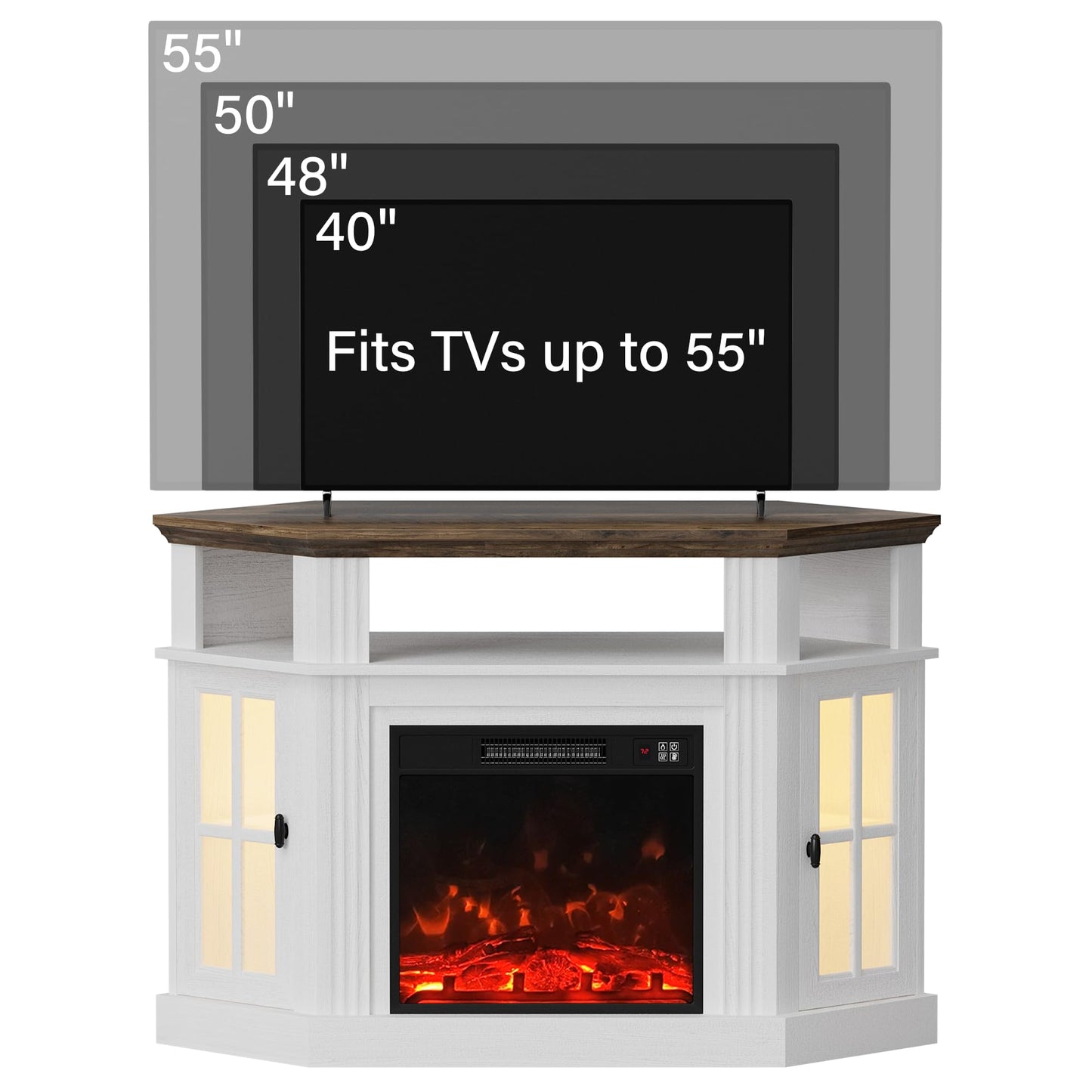 YESHOMY LED Corner Fireplace TV Stand with Mood Lighting, for TVs up to 55" with Storage Cabinets, Entertainment Center, Media Console for Living Room, Bedroom, White＆Rustic
