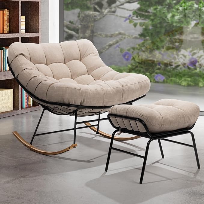 Bme Outdoor and Indoor Patio Rocking Chair with Ottoman, Wood Texture Rocker with Beige Cushion, 7'' Thick, 400lbs Capacity, Sturdy Construction, Ergonomic Design, Quick Assembly, Floor ensureor