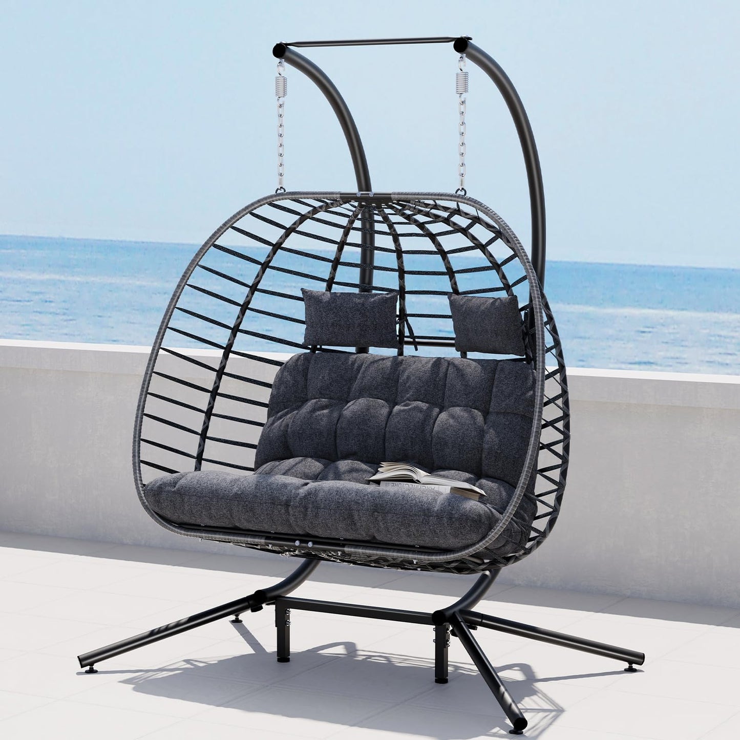 SWITTE Double Egg Swing Chair with Stand, Outdoor Patio 2 Person Hanging Wicker Hammock Chairs with Cushion for Indoor Bedroom, Lawn, Garden-Dark Grey