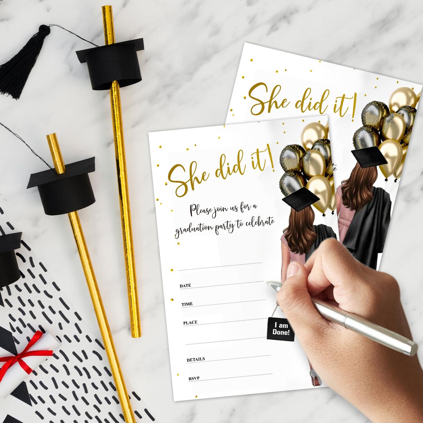 rizotus 20 Graduation Party Invitations with Envelopes, She Did It Grad Party Announcement Invite Cards, Grad Celebration Party Favor Supplies -a07