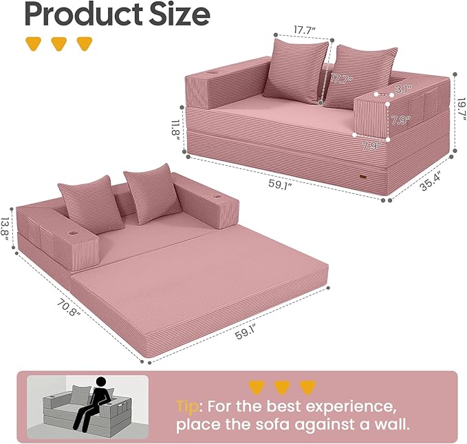 COMAX Futon Sofa Bed, 4‑in‑1 Convertible Sofa Bed, Folding Boneless Couches for Living Room, Fold Out Small Foldable Loveseat Floor Sleeper Comfy Mattress Lounge Space‑Saving, Pink
