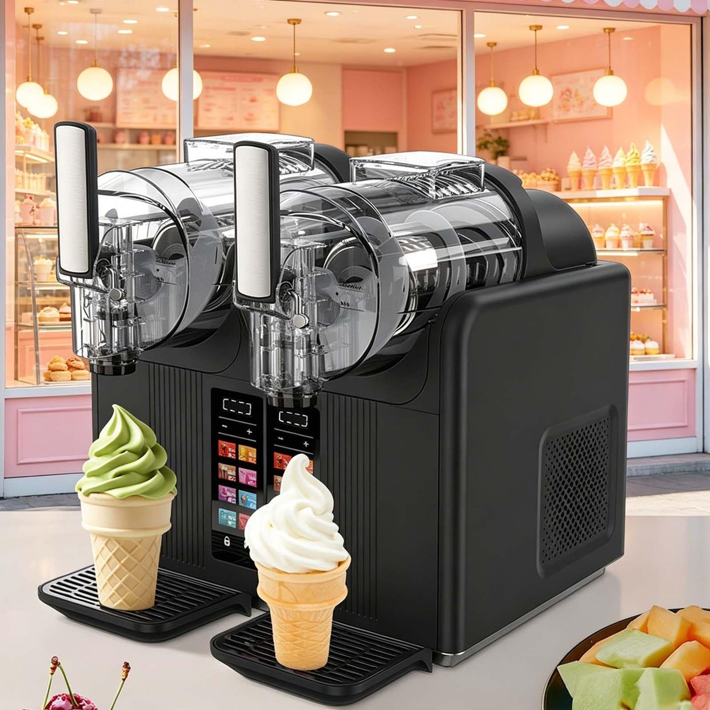 Slush Machine | Soft ServeIce Cream Maker | Slushy Machine Dual Tank 2x2L for Home/Commercial,No ice needed w/Rapid Chill&Temperature Control/Touchscreenfor Margarita,Frappé,Easy Clean Black