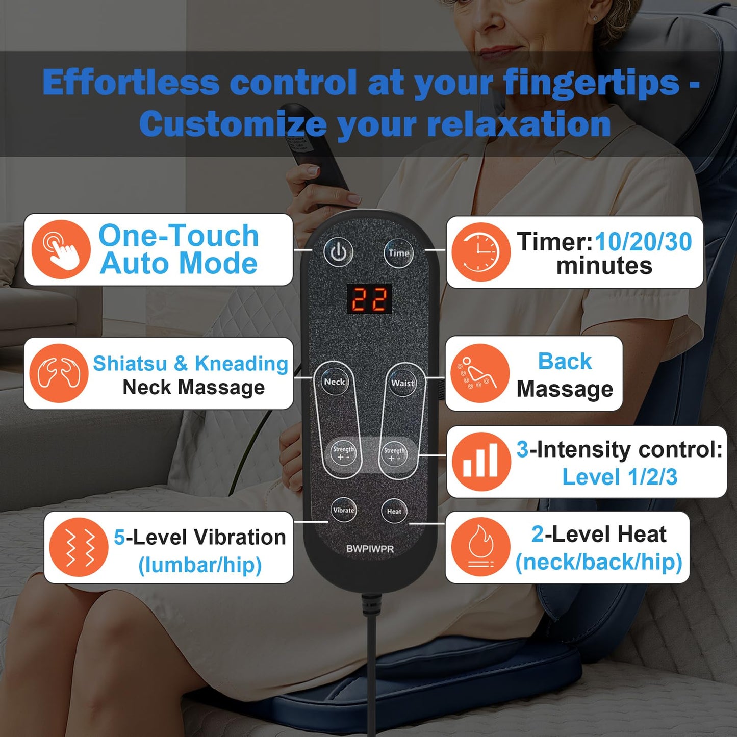BWPIWPR Shiatsu Massage Cushion for Neck and Back with Heat - 4D Kneading, Vibration for Relief Muscle Tension, Dual-Neck Design, Adjustable Intensity and Height for Office Chair, Home Use, Navy Blue