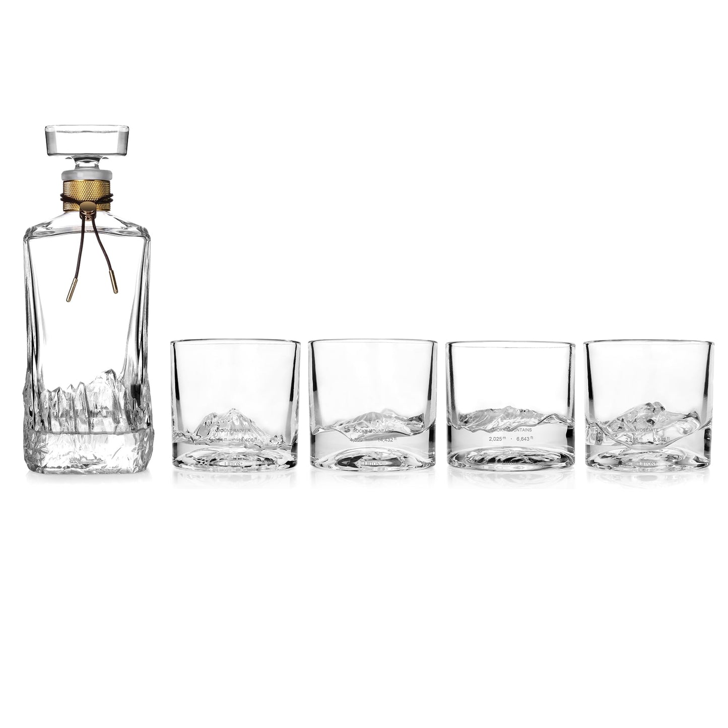 LIITON The American Peaks Whiskey Decanter Set – 1000ml Mountain Crystal Glass Decanter with 4 Old Fashioned Glasses – Premium Gift for Men – Bourbon, Scotch, and Liquor Lovers