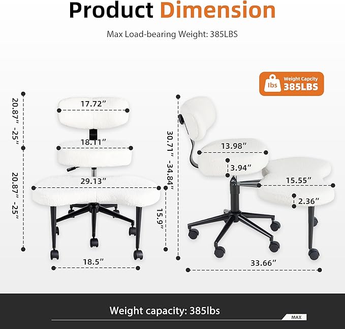 DUMOS Ergonomic ADHD Cross Legged Office Desk Chair with Adjustable Backrest, Height Adjustbale Meditation Chair with 360° Swivel Footstool, Teddy Fabric Yoga Stool for Home Office, White