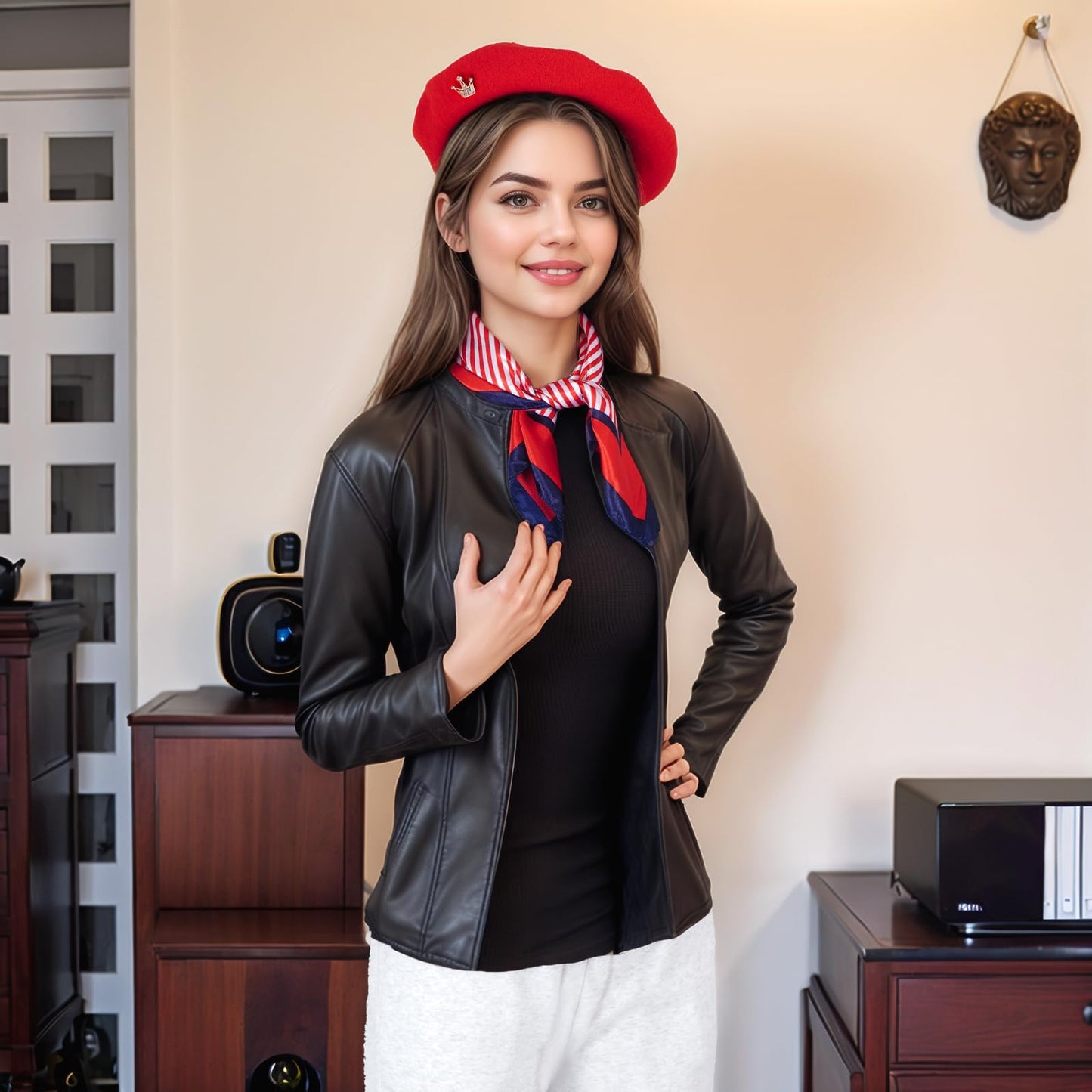 choyaxo 3pcs French Beret Hat Set Costume Accessories Set Including Beret Hat Scarf Crown Pin for Women French Themed Party Red