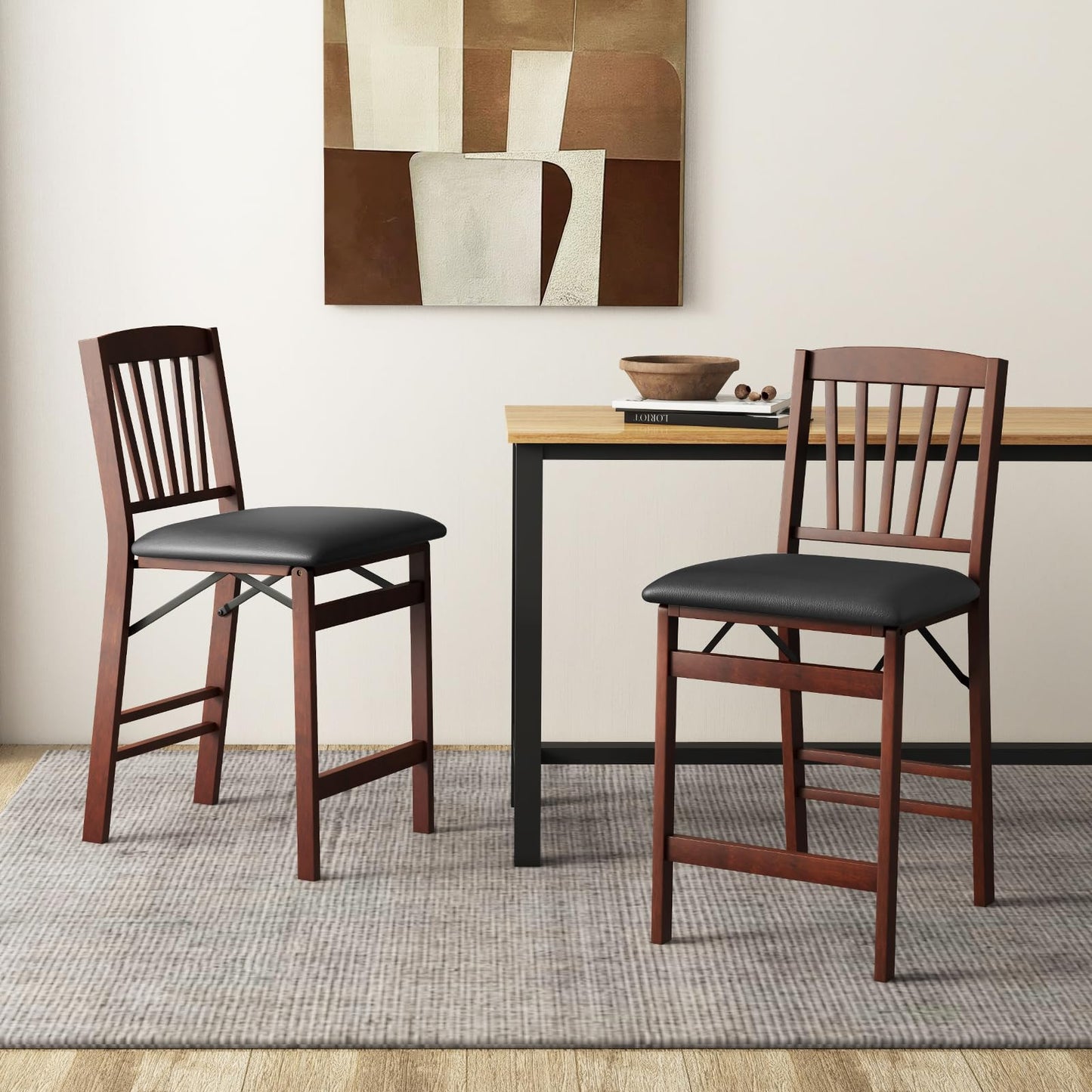 COSTWAY Set of 2 Counter Height Chairs, 24.5" Bar Stools Set, Folding Kitchen Island Stool with Padded Seat, Footrest & Rubber Wood Legs, No Assembly Needed, Portable Bar Chair for Dining Room