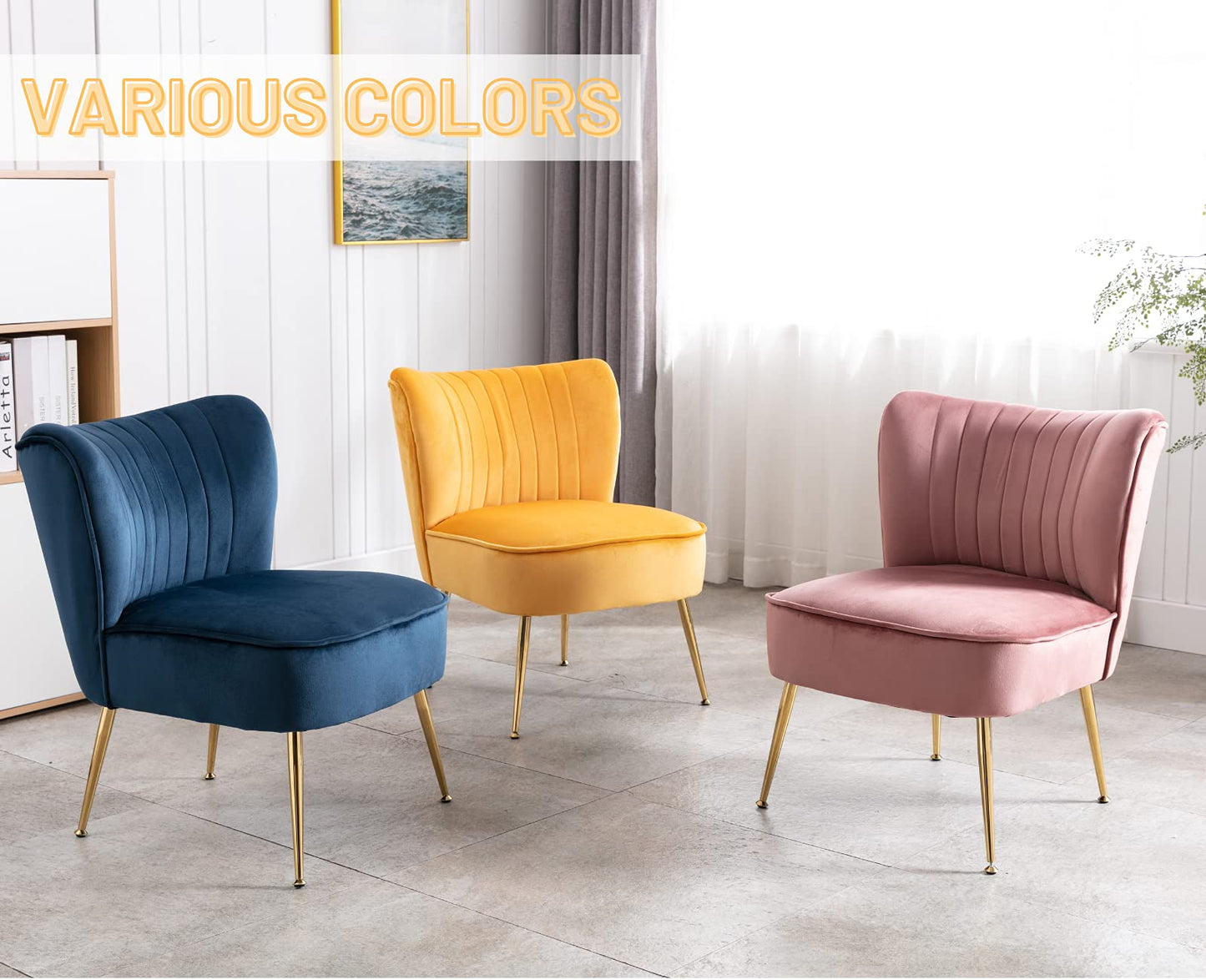 CIMOTA Velvet Accent Chairs Set of 2 Modern Armless Slipper Wingback Single Sofa Side Chair Comfy Corner Chair with Golden Legs for Living Room Bedroom, Pink