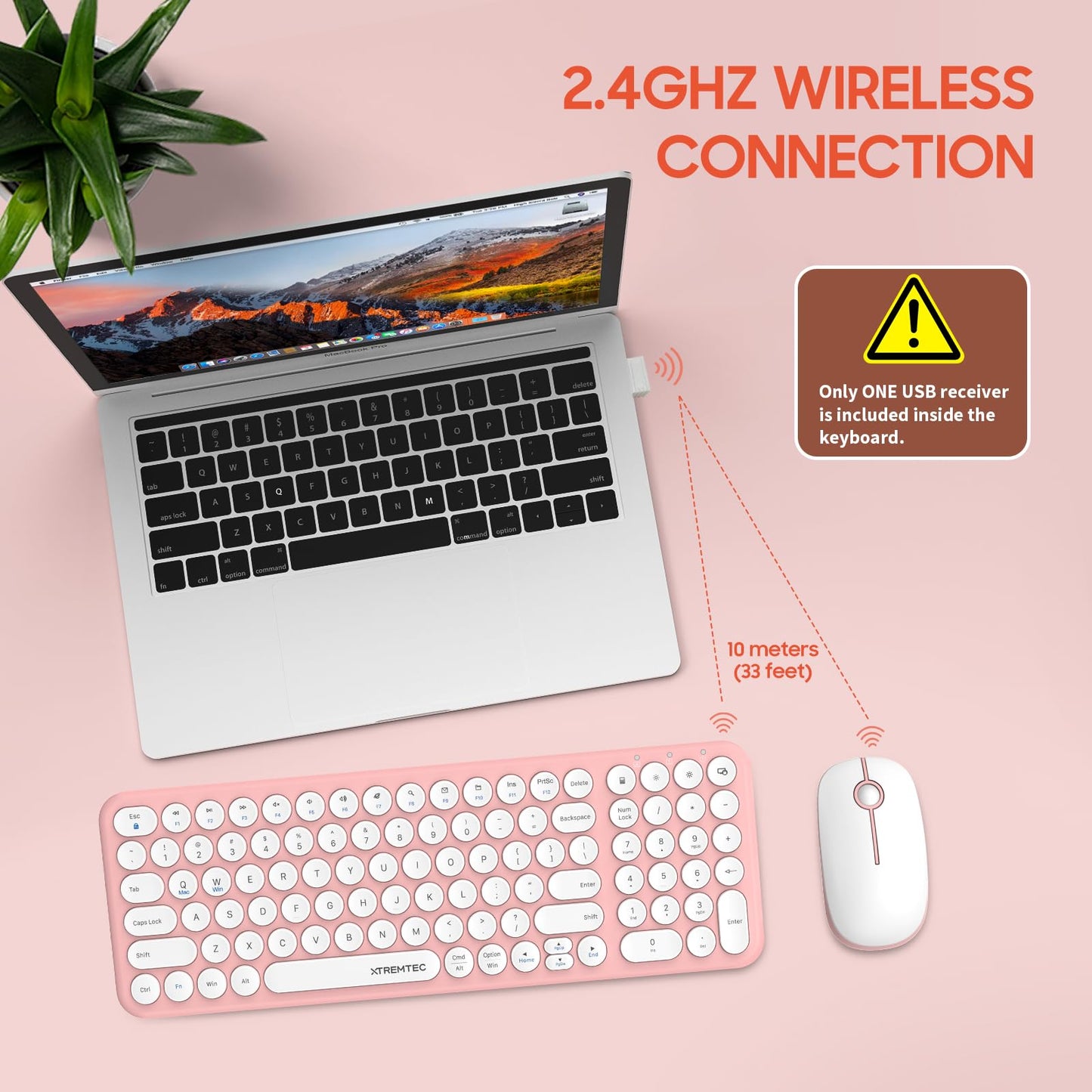 Wireless Keyboard And Mouse Combo, Xtremtec Cute Compact -Size Pink Retro Round Keycap, Ultra Thin Quiet 2.4Ghz Retro Kawaii Key