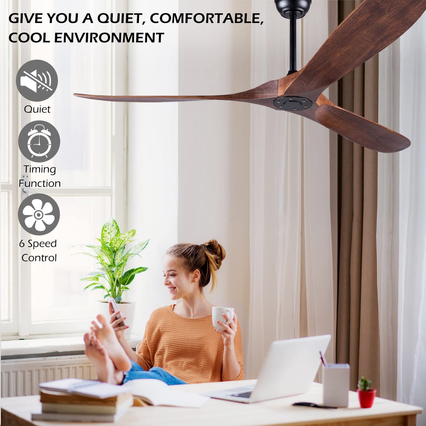 EOPETY 60 Inch Ceiling Fan Without Light ，Wood Indoor Outdoor Ceiling Fans No Light for Patios Living Room Bedroom Porch Big Ceiling Fan for Flat Sloped Ceiling(Walnut)