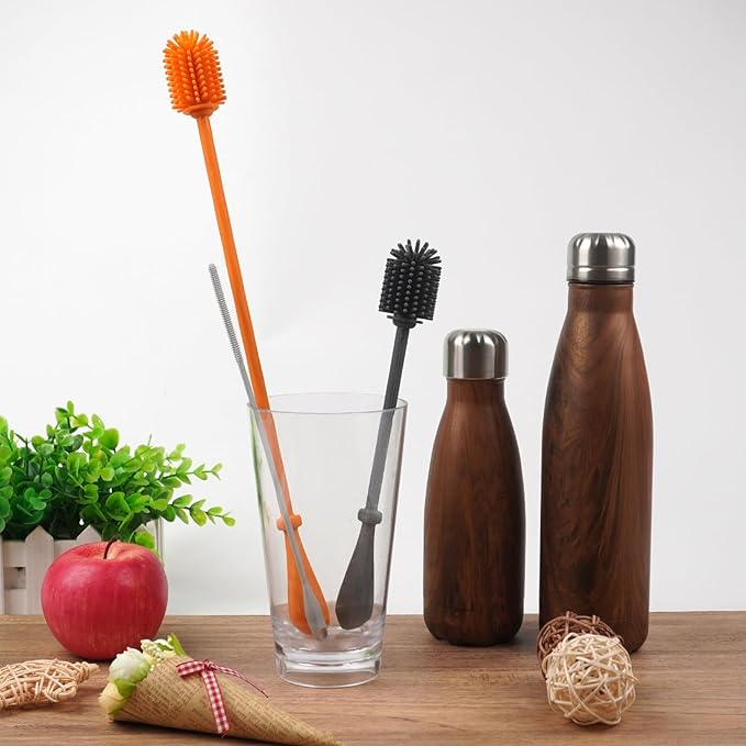 LeMuna Silicone Bottle Brush, Water Bottle Cleaner Brush Set with Silicone Straw Brush for Narrow Neck Containers, Hydro Flask, Sports Bottle, Glassware