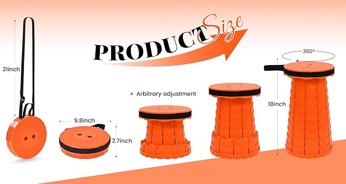 FXKS 2 Pack Upgraded Collapsible Stool Folding Stool with Cushion,Retractable Folding Stool Max Load Capacity 400lbs, Portable Telescoping Stools for Camping Hiking Outdoor BBQ -Orange