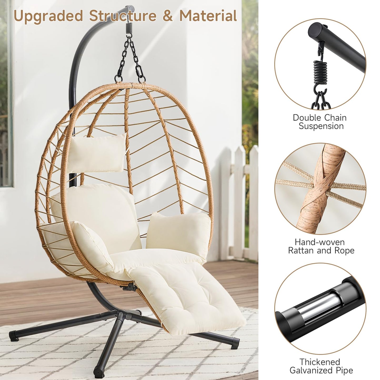 ONBRILL Hanging Egg Chair with Adjustable Footrest & Stand, Wicker Rattan Swing Hammock Chair with Cushion & Double Chains, 350LBS Capacity for Outdoor & Indoor Patio, Deck, Bedroom, Balcony (YE-BE)