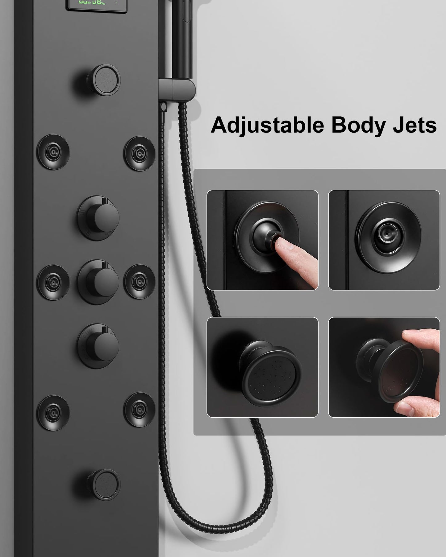 5 In 1 Shower Panel Tower System LED Rain Waterfall Shower Head and Adjustable Massage Body Jets 3 Settings Handheld Head and Tub Spout Stainless Steel Bathroom Panel Matte Black by Homevacious