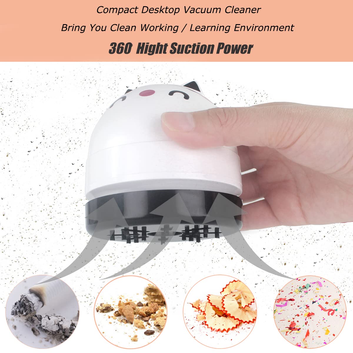 YUNYILAN Mini Desktop Vacuum Cleaner, Portable USB Vacuum Cleaner for Desk Mini Cute Cartoon Desktop Vacuum for Cleaning Eraser Crumbs, Dust, Crumbs, Computer, Keyboard and Car (White)