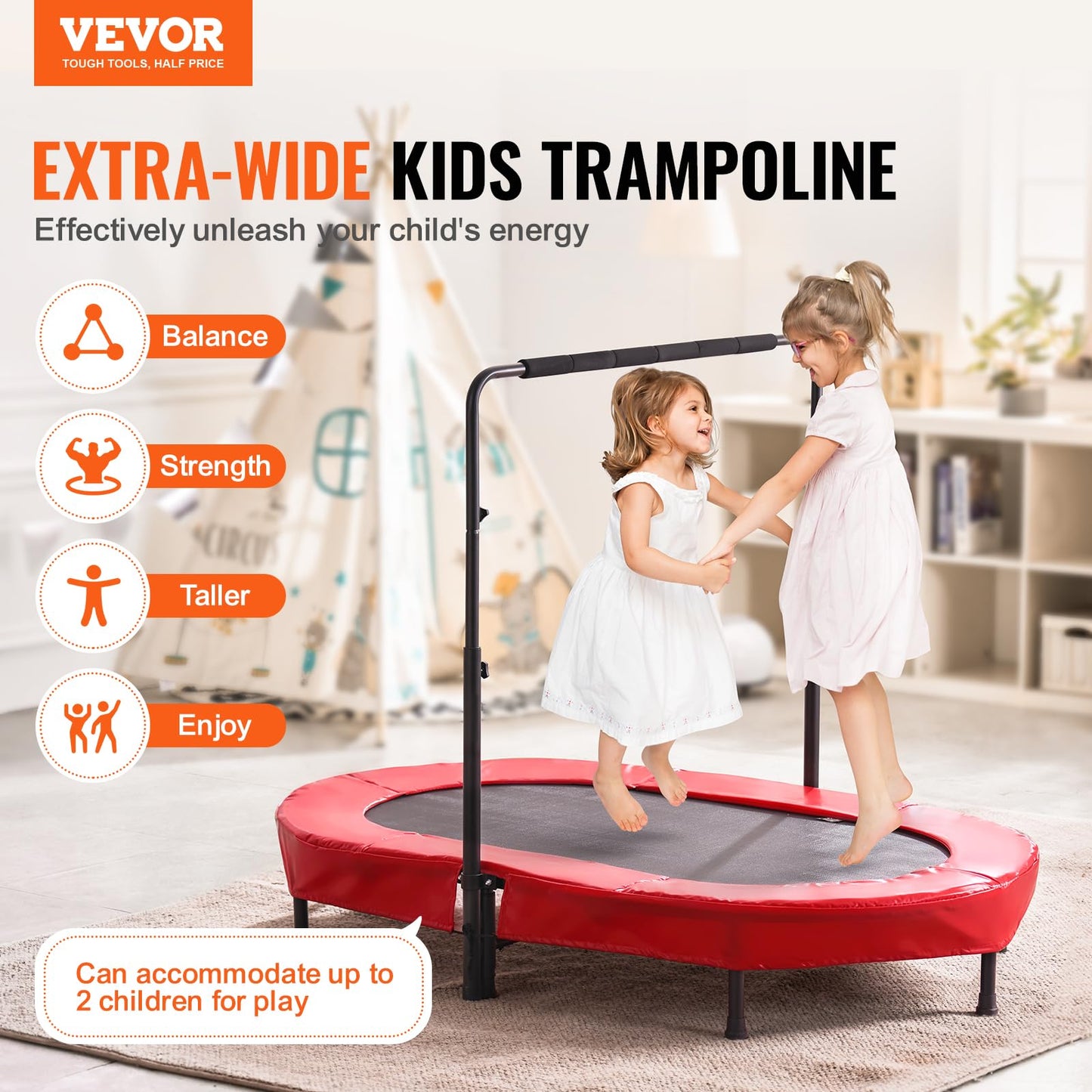 VEVOR Kids Trampoline, 56x36 inch Indoor Outdoor Trampoline, Foldable Mini Trampoline with Handle, Rebounder Trampoline for Toddlers, Birthday Gift for 3+ Years Children, Boys Girls for Fun, Red