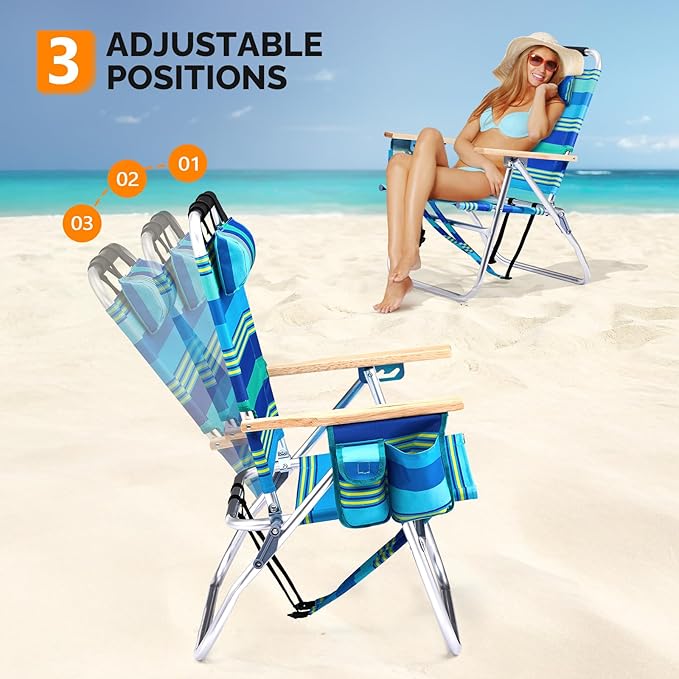 VINGLI Aluminum 13" Backpack Beach Chair – Tall Beach Chairs for Adults, Portable with Adjustable Straps, 3-Position Reclining, Cup Holder, High Lightweight Beach Chairs for Beach
