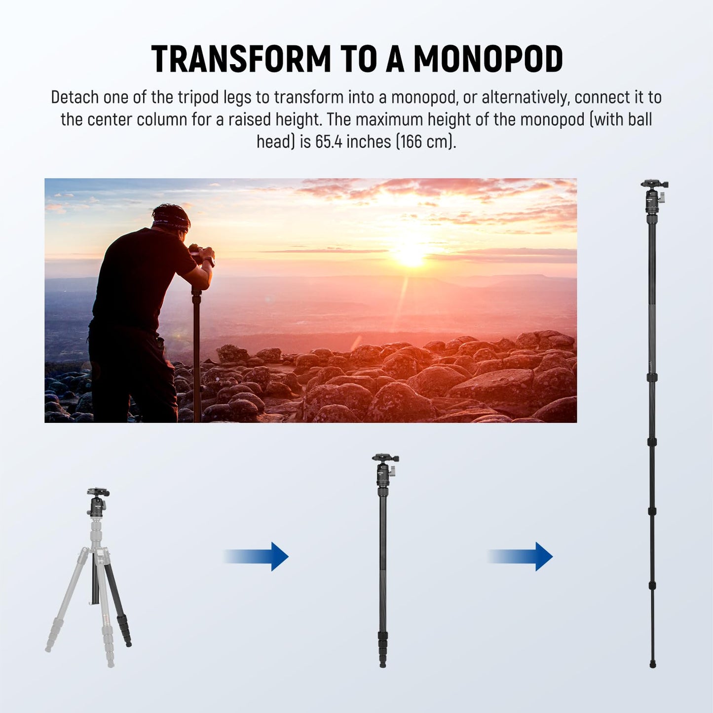 NEEWER Carbon Fiber Camera Tripod Monopod, 65" Lightweight Compact Portable Travel DSLR Video Stand, 360° Ball Head, Anti Slip QR Plate, Inverted Central Axis, Reversible Legs, Max Load 13.2 lbs, TP39