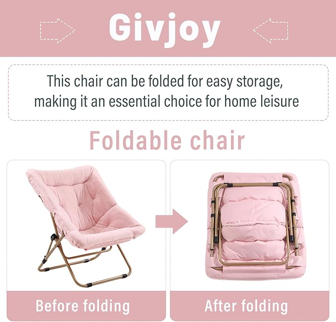 Givjoy Comfy Folded Chair, Soft Faux Fur Oversized Folding Chair, Flexible Lounge Lazy Chair for Kids Girls Teens Adults, Moon Chair for Dorm Rooms, Bedroom, Living Room