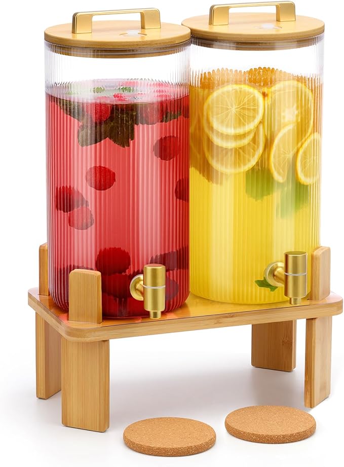 1.5 Gallon Glass Drink Dispensers for Parties, 2 PCS Beverage Dispenser With Wood Stand,Vertical Stripes Glass Lemonade Di...