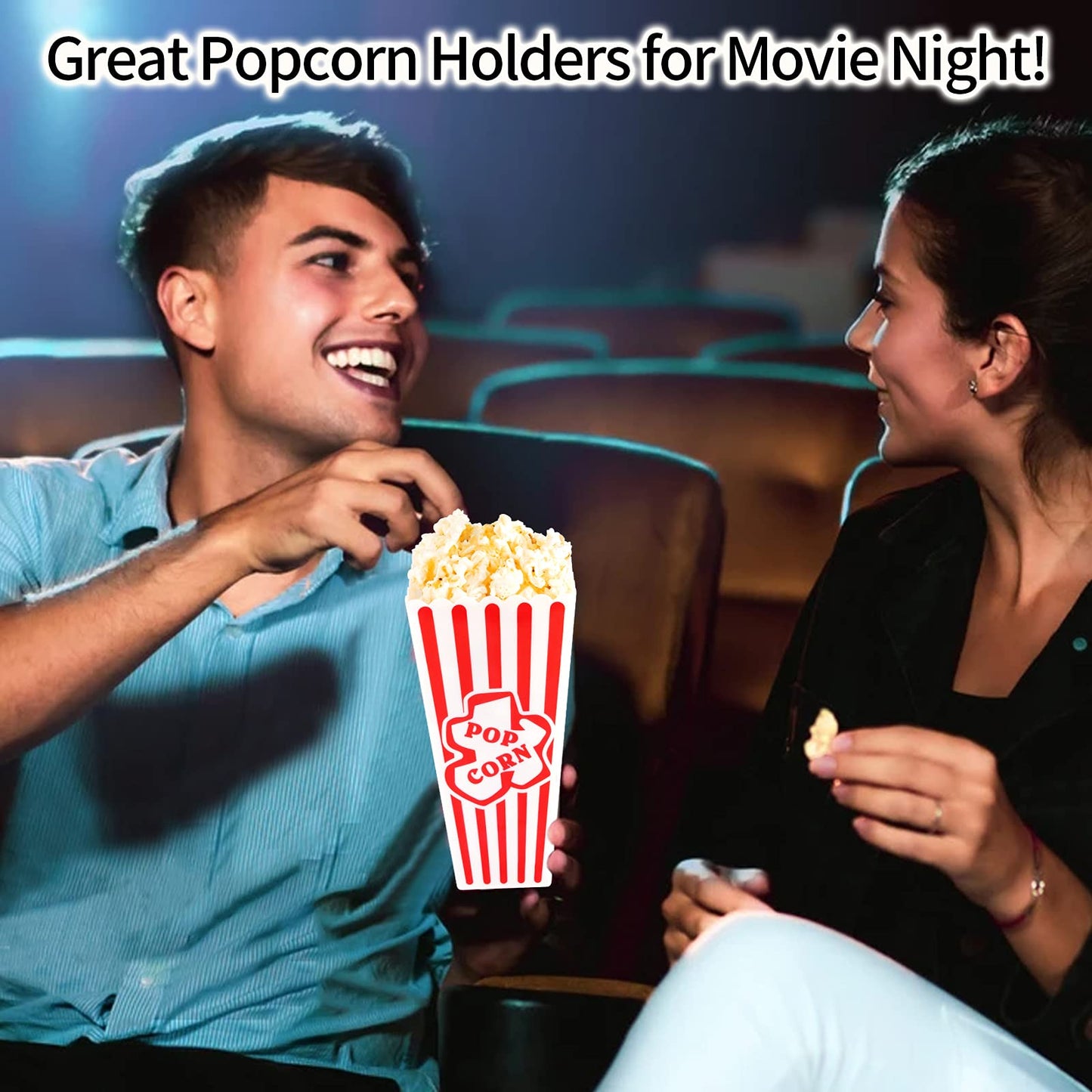 RAYMEA Plastic Popcorn Containers Red & White Striped Retro Style Reusable Popcorn Boxes for Movie Night 4”x8” (4 Pack)