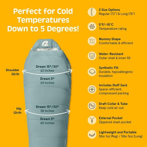 Retrospec Dream 5 Mummy Sleeping Bag for Camping - Insulated Cold Weather, Lightweight, Water-Resistant With Adjustable Draw Cords and Stuff Sack