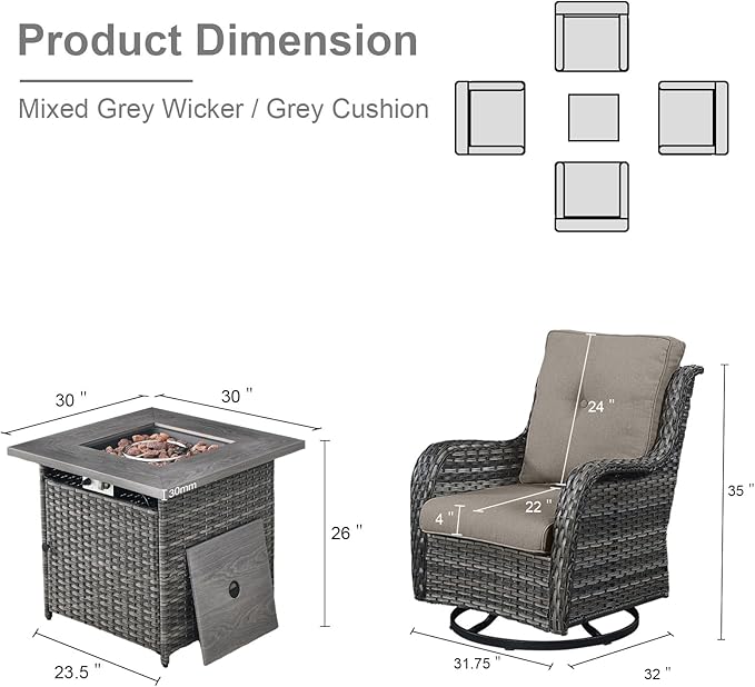 Belord 5 Pieces Patio Wicker Furniture Set - 4 Outdoor Swivel Rocker Glider Chairs with Propane Fire Pit Table, Patio Conversation Set Grey Cushion Perfect for Casual Gathering