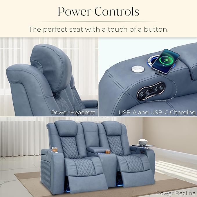Seatcraft Anthem Italian Leather Loveseat w/Storage Console, Living Room, Power Headrest, Power Recline, Smokey Blue