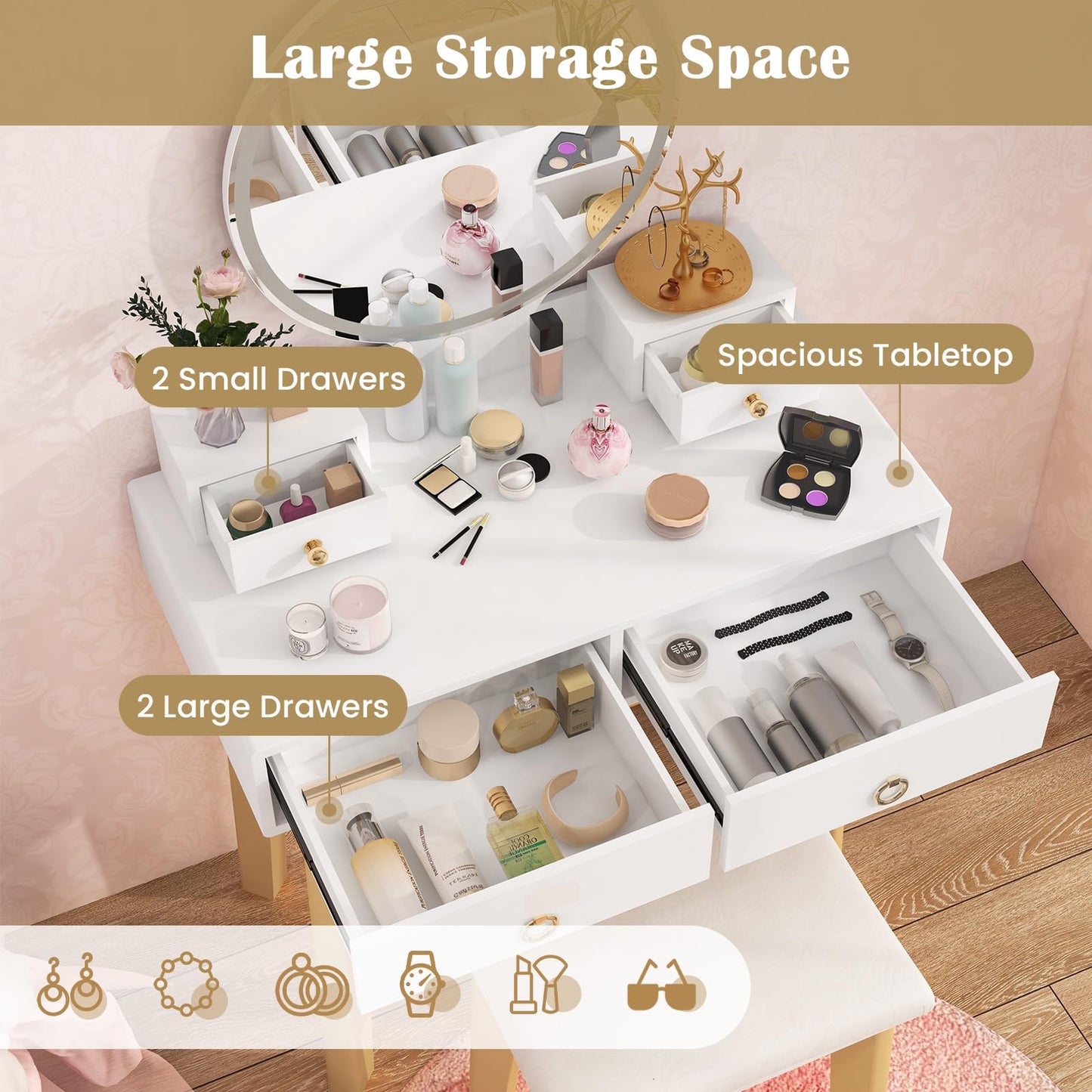 COSTWAY Vanity Table Set with LED Lighted Mirror, Makeup Dressing Table Set with 3 Color Lighting Modes & Adjustable Brightness, Vanity Desk with Cushioned Stool for Women, Girls, White
