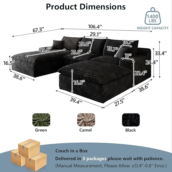 107" Cloud Sectional Couch U-Shaped Chaise with Ottoman, Corduroy Boneless Couch for Living Room Bedroom, Deep-Seat Upholstered Modular Cloud Sofa, No Assembly Required (Black, Left Facing Chaise)
