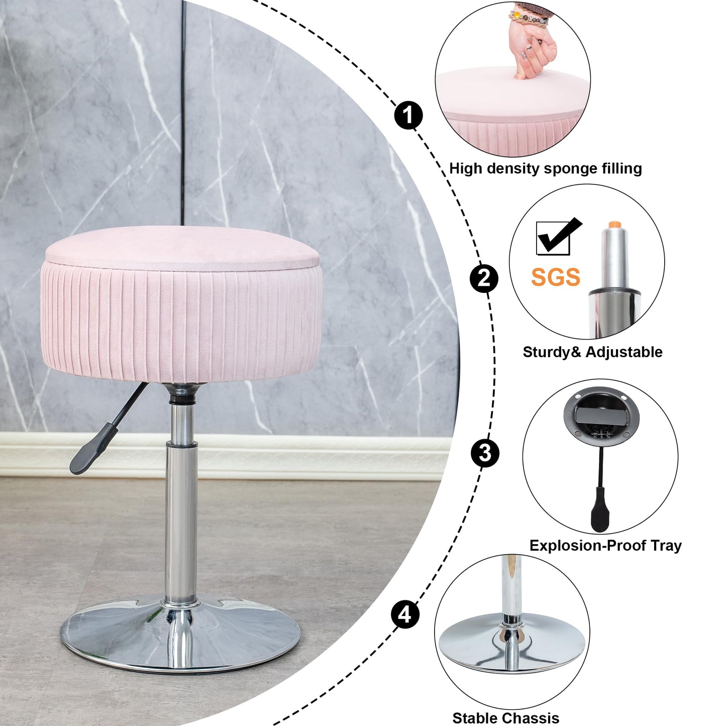 LITZFUR Pink Vanity Stool for Makeup Room, Round Storage Ottoman Height Adjustable Velvet Vanity Chair, 360° Swivel Footrest for Living Room Bedroom