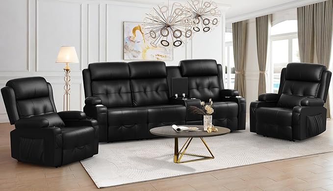 Aotolo Recliner Sofa, 3 Seater Massage Reclining Loveseat Sofa Sets, 2 Single Power Recliner Chairs Heat & Massage, Heavy Weight Capacity, RV Clearance Love Seat Couch with Console, USB, Type C Port