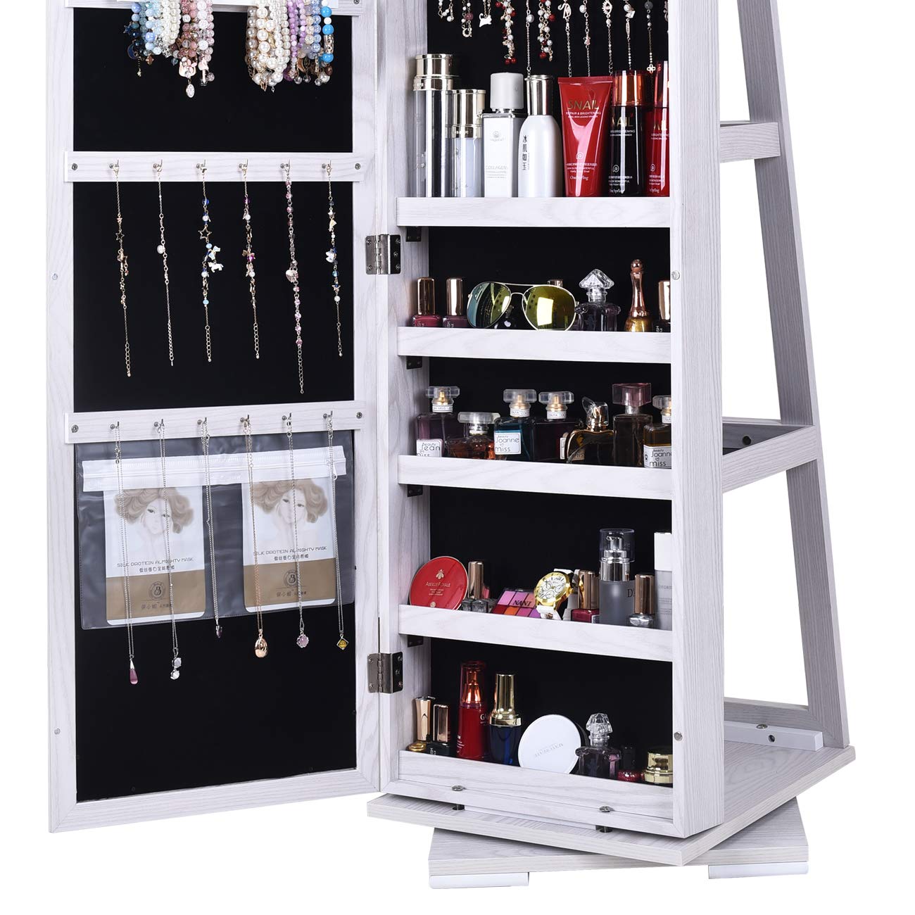 sogesfurniture Lockable Floor Standing Wooden Jewelry Armoire with Full Length Mirror 360°Rotatable Jewelry Organizer Cabinet Lockable with Storage Shelf, White BHUS-QH-7021C