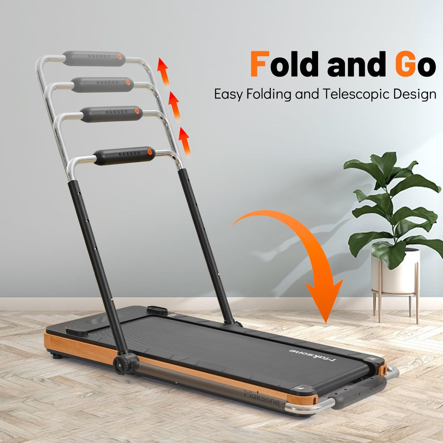 Maksone Folding Wooden Treadmill 4D Adjustable Handlebars Extra Wide 42'' and Long Running Deck,Capacity Heavy Duty Desk Treadmill,Quiet 55dB for Home Gym