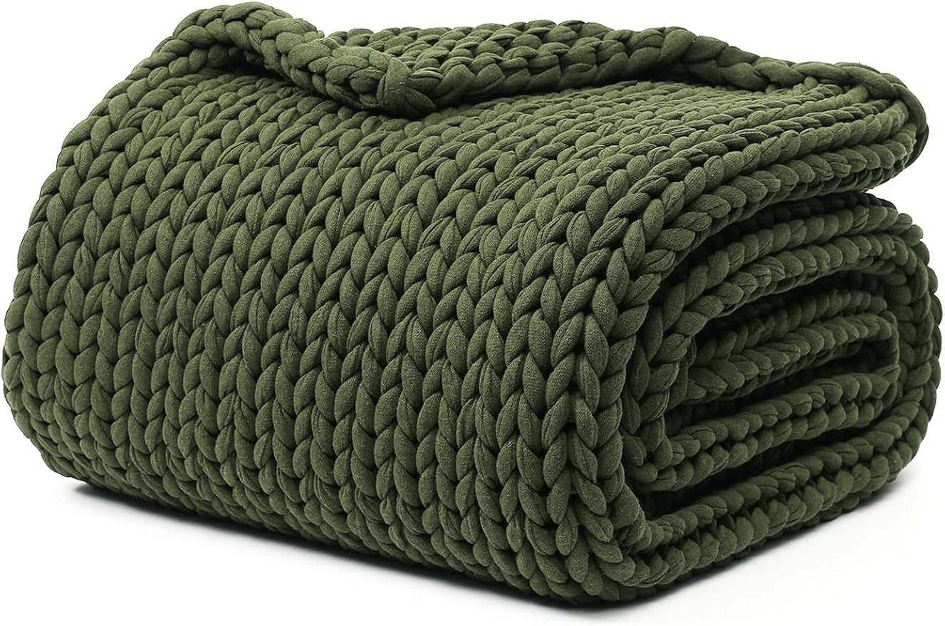 YnM Cotton Weighted Blanket, Handmade Chunky Knitted Design, Soft and Cozy, Temperature Regulating and Breathable, Machine Washable Throw for Sleep or Home Decor (Pine Green, 80x84 Inch, 35lbs)