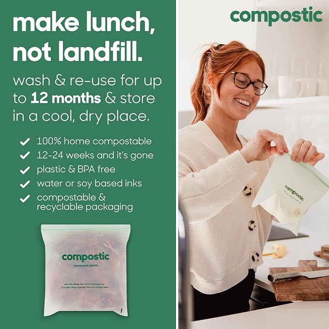 Compostic Home Compostable Resealable Gallon Bags (10.5"x10.5"), Microwave & Freezer Safe, Organic Food Storage Container, 60 Count