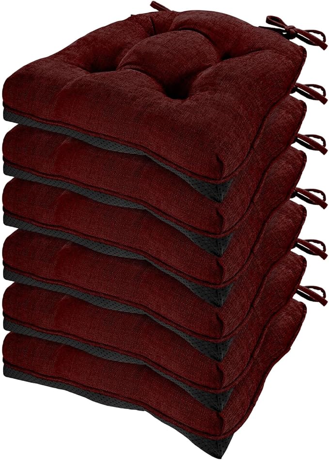 HARBOREST Chair Cushions for Dining Chairs Set of 6 - Chenille Tufted Kitchen Chair Cushions with Ties and Non-Slip Bottom, Foam Chair Pads for Dining Chairs, 17" x 17", Burgundy