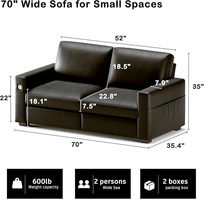 Hanherry Faux Leather 70" Sofa for Living Room, Modern Comfy Couch with Medium Firm Seat Cushion, Removable Cover,Wide Armrest,USB/Type-C Port,Couches for Small Space,Apartment