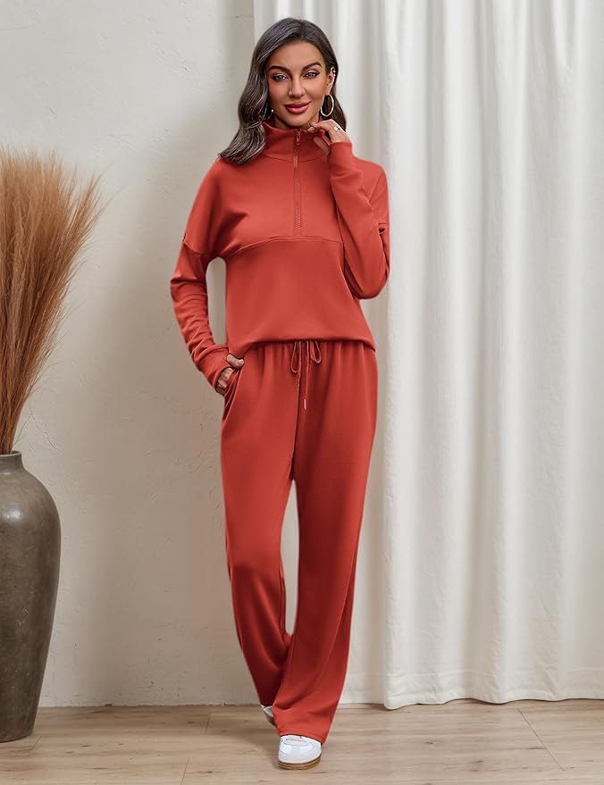 Totatuit Womens Sweatsuits 2 piece Set Lapel Half Zip Lightweight Sweatshirts and Wide Leg Pants Tracksuit Lounge Sets