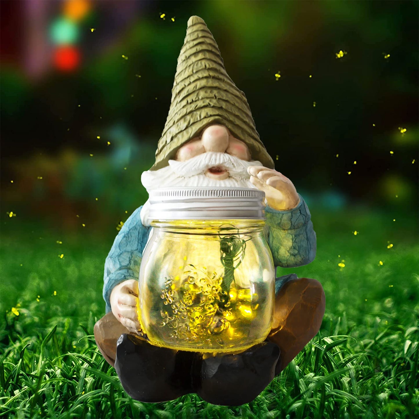 Vcdsoy Solar Firefly Jar Gnome Waterproof- Large Garden Gnome Funny Solar Outdoor LED Lights Resin Statues 10.6" Lantern Figurines Decorations Birthday Gifts for Mom Women - Unique Housewarming Gifts