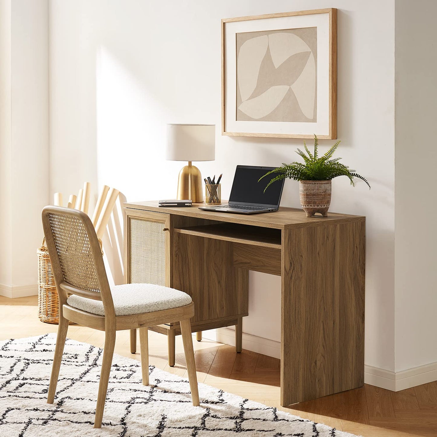mopio Haylee Boho Farmhouse Writing Desk, with Natural Rattan Exterior Door, Ample Storage, Adjustable Shelves, for Study, Vanity, Makeup, & Work, in Bedroom, Home Office