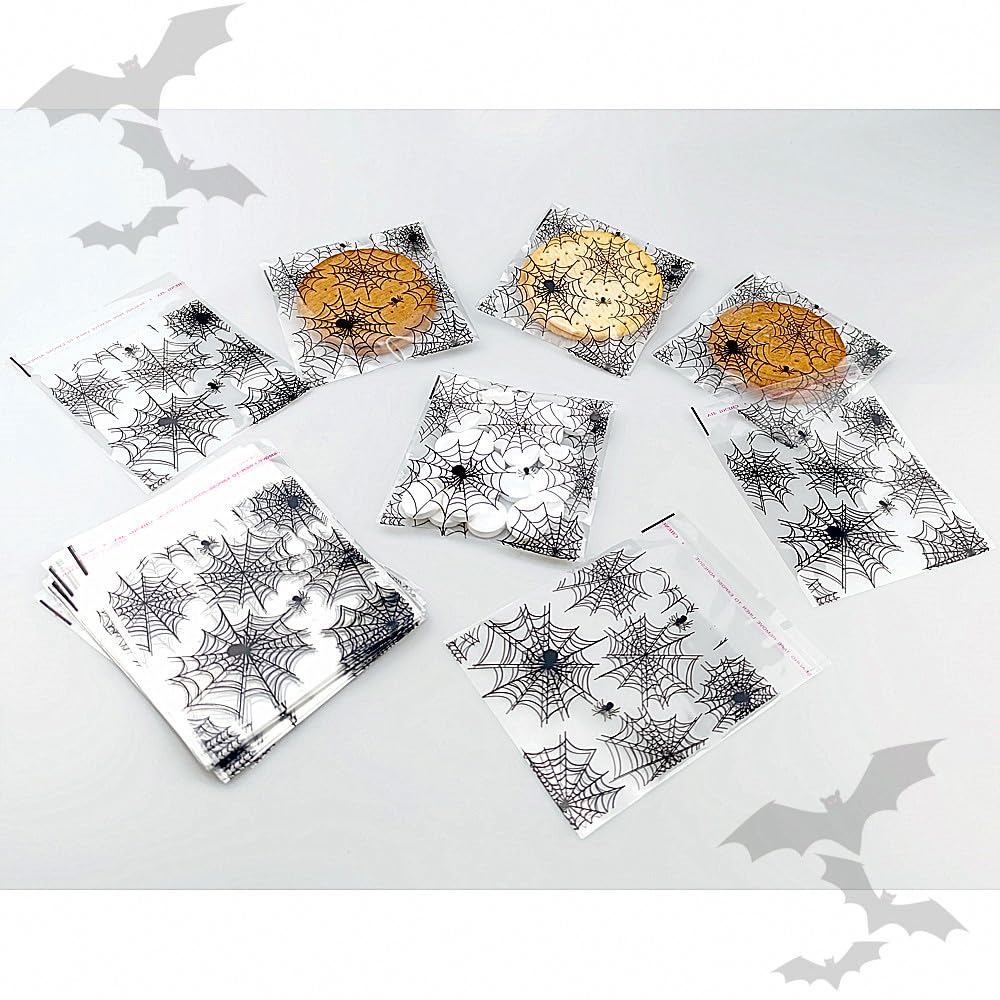 FAZHBARY 100 PCS Halloween Spider Web Treat Bags 4x5 inches Clear Plastic Cellophane Goodie Bags for Party Favor Supplies